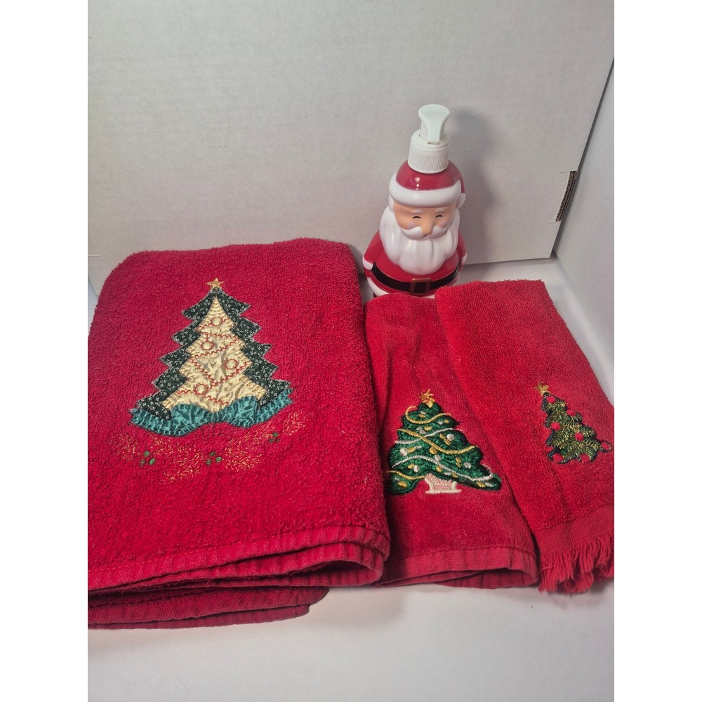 Christmas Towel Set Red Embroidered Patchwork Tree 3pc with Santa soap Dispenser